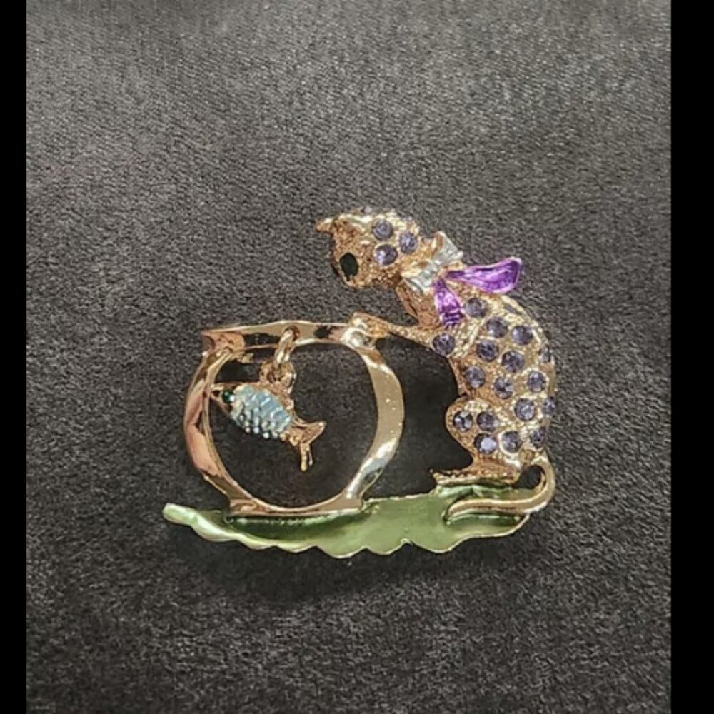 Gold & Purple Rhinestone Cat Brooch